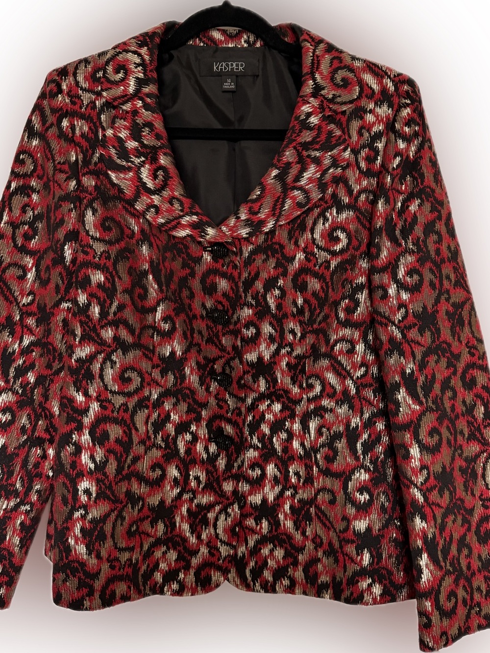 Kasper Women's Red Black Metallic Patterned Jacket and black slacks